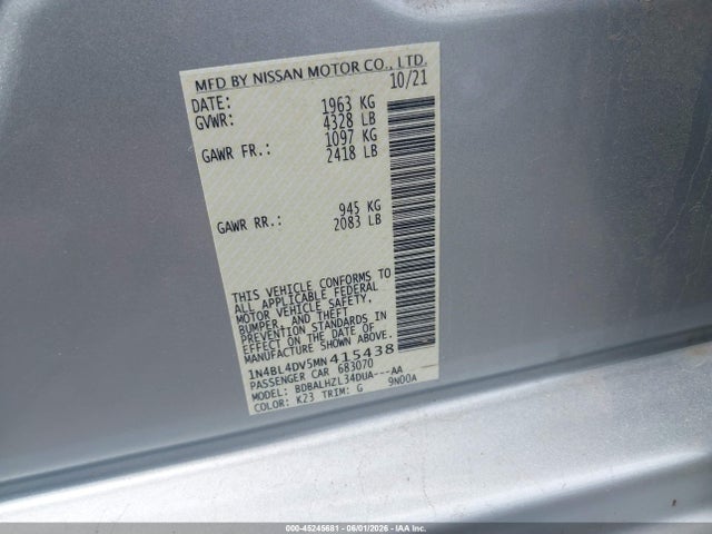2021 Nissan Altima Sv Fwd მანქანა იყიდება აუქციონზე, vin: 1N4BL4DV5MN415438, აუქციონის ნომერი: 45245681