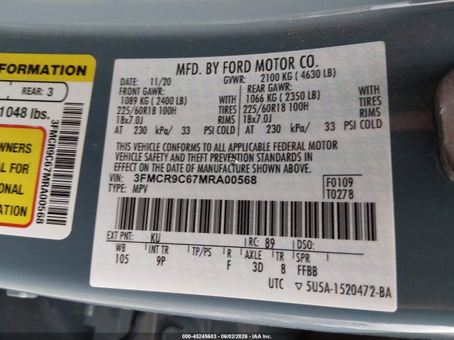 Auction sale of the 2021 Ford Bronco Sport Outer Banks, vin: 3FMCR9C67MRA00568, lot number: 45245683