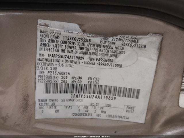Aukcja sprzedaży 2004 Ford Taurus Ses, vin: 1FAFP55U74A119829, numer aukcji: 45245684