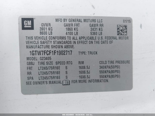Aukcja sprzedaży 2015 Gmc Savana 2500 Work Van, vin: 1GTW7FCF1F1902717, numer aukcji: 45245685