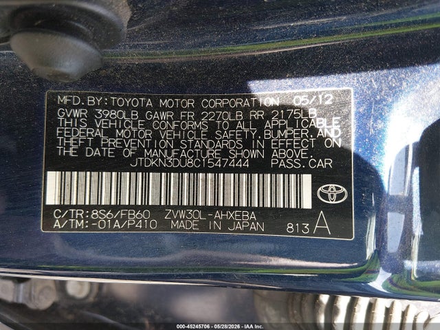 Aukcja sprzedaży 2012 Toyota Prius Three, vin: JTDKN3DU8C1547444, numer aukcji: 45245706