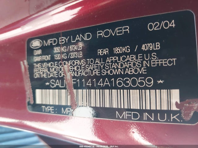 45245716 :رقم المزاد ، SALMF11414A163059 vin ، 2004 Land Rover Range Rover Hse مزاد بيع