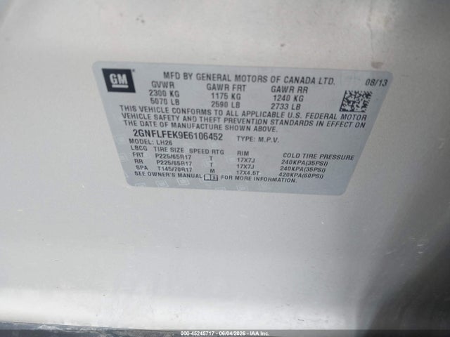 Chevrolet EQUINOX 1LT 2014 2GNFLFEK9E6106452 Image 9