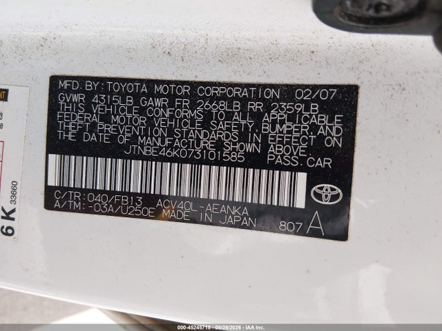 Продаж на аукціоні авто 2007 Toyota Camry Le, vin: JTNBE46K073101585, номер лоту: 45245718
