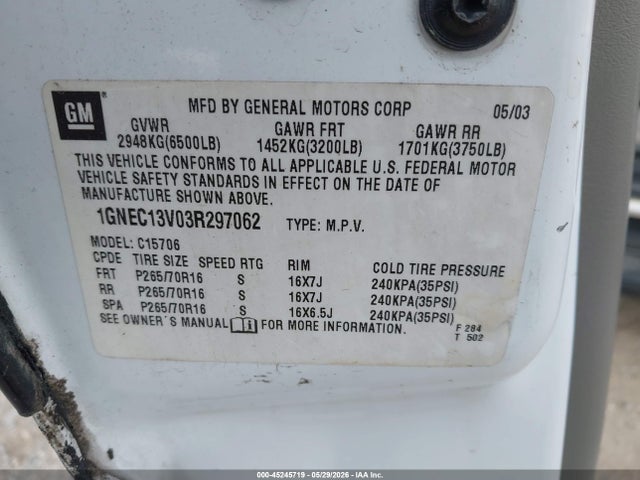 Aukcja sprzedaży 2003 Chevrolet Tahoe Ls, vin: 1GNEC13V03R297062, numer aukcji: 45245719