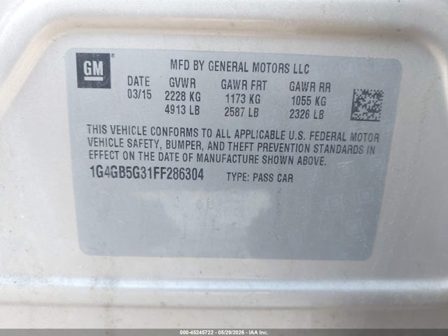 2015 Buick Lacrosse Leather მანქანა იყიდება აუქციონზე, vin: 1G4GB5G31FF286304, აუქციონის ნომერი: 45245722