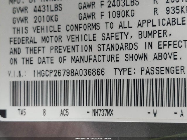 2008 Honda Accord 2.4 Ex მანქანა იყიდება აუქციონზე, vin: 1HGCP26798A036866, აუქციონის ნომერი: 45245726