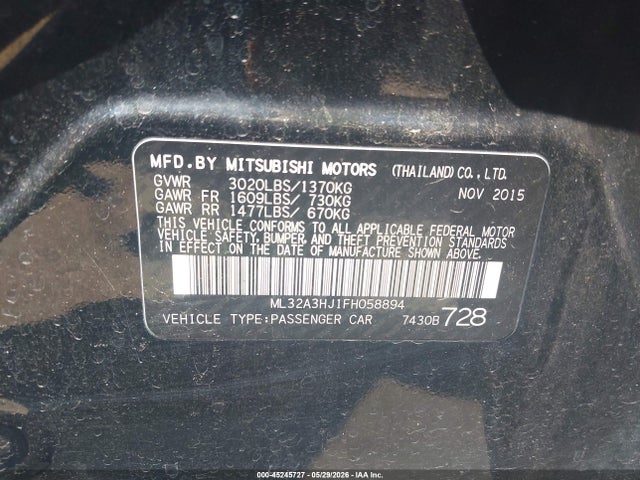 Aukcja sprzedaży 2015 Mitsubishi Mirage De/rf, vin: ML32A3HJ1FH058894, numer aukcji: 45245727