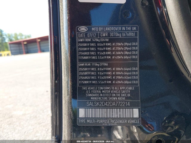 2013 Land Rover Range Rover Sport Hse მანქანა იყიდება აუქციონზე, vin: SALSK2D42DA772214, აუქციონის ნომერი: 45245734