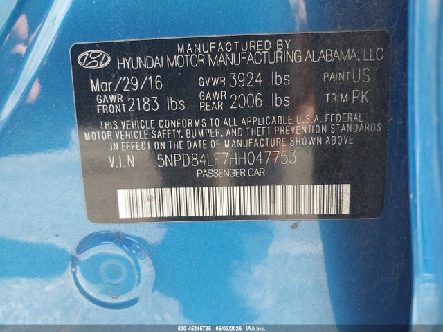 Продаж на аукціоні авто 2017 Hyundai Elantra Se, vin: 5NPD84LF7HH047753, номер лоту: 45245735
