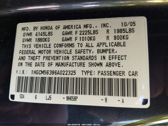 2006 Honda Accord 2.4 Se მანქანა იყიდება აუქციონზე, vin: 1HGCM56396A022325, აუქციონის ნომერი: 45245736