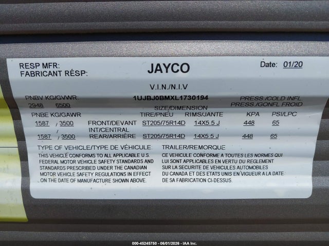 Продажа на аукционе авто 2020 Jayco Jayflight Slx, vin: 1UJBJ0BMXL1730194, номер лота: 45245750