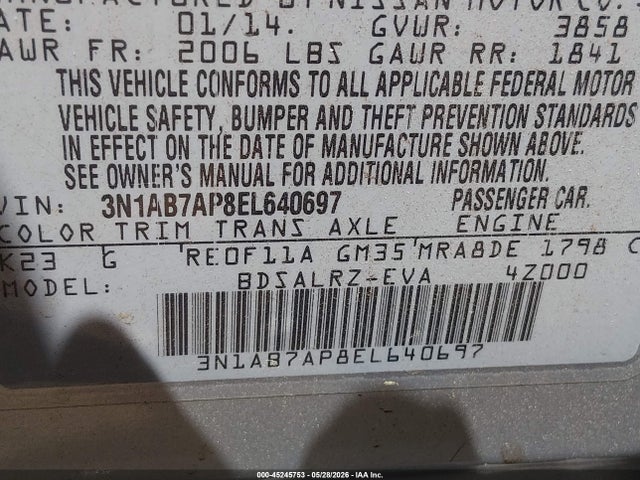 45245753 :رقم المزاد ، 3N1AB7AP8EL640697 vin ، 2014 Nissan Sentra Sr مزاد بيع