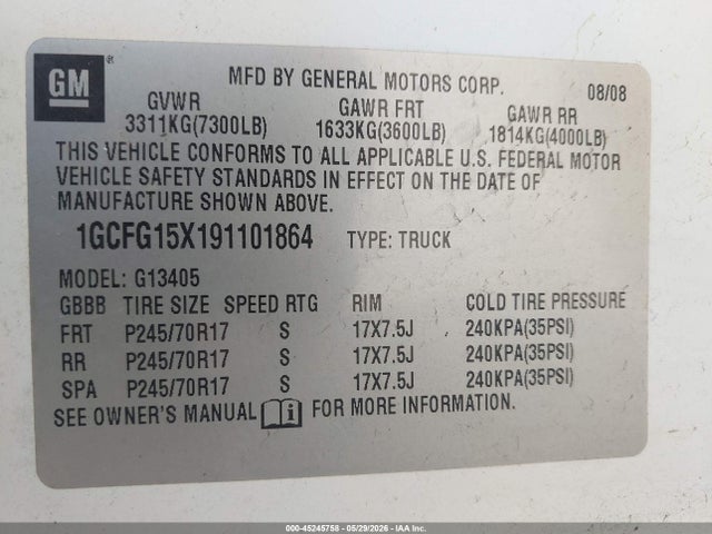 45245758 :رقم المزاد ، 1GCFG15X191101864 vin ، 2009 Chevrolet Express 1500 Work Van مزاد بيع