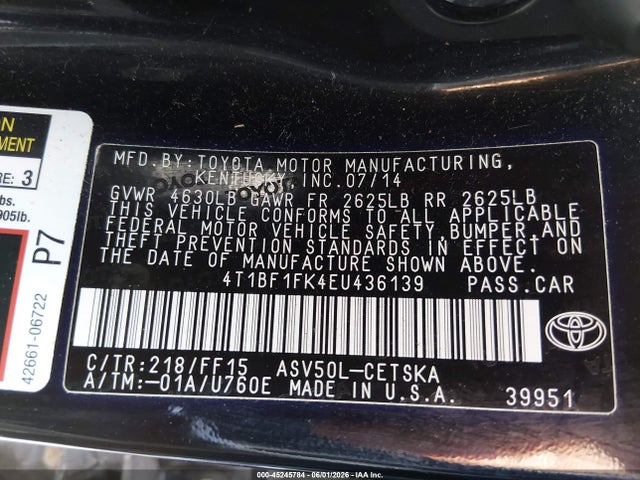 Продажа на аукционе авто 2014 Toyota Camry Se, vin: 4T1BF1FK4EU436139, номер лота: 45245784