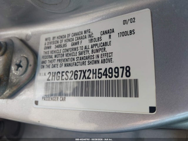 Продажа на аукционе авто 2002 Honda Civic Ex, vin: 2HGES267X2H549978, номер лота: 45245792