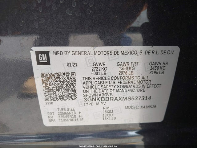 3GNKBBRAXMS537314 Chevrolet Blazer Fwd 1lt