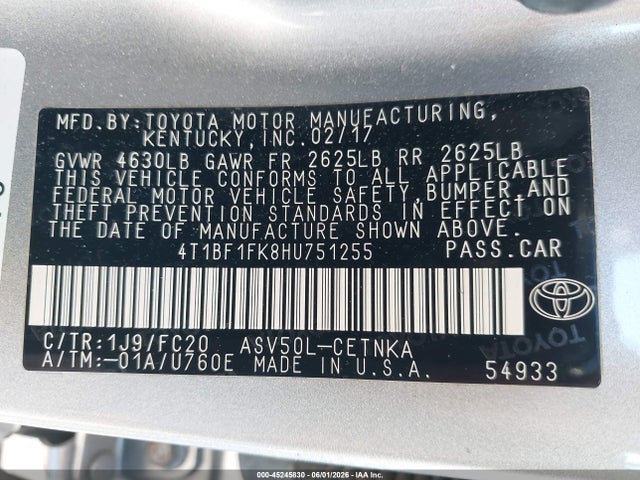 Aukcja sprzedaży 2017 Toyota Camry Le, vin: 4T1BF1FK8HU751255, numer aukcji: 45245830