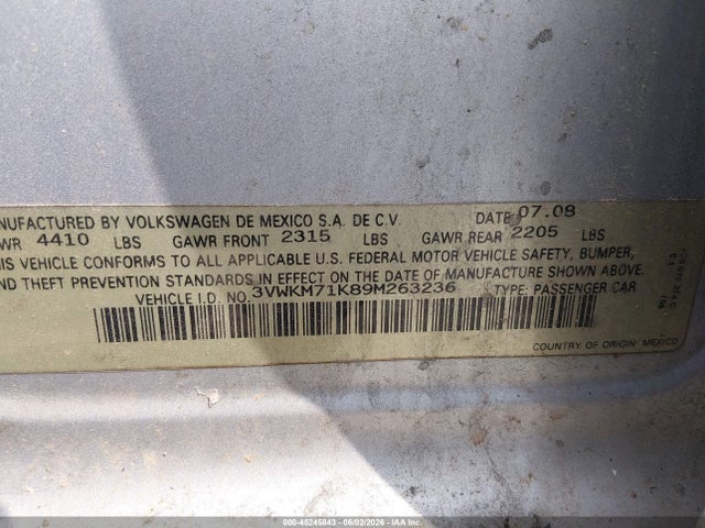 Aukcja sprzedaży 2009 Volkswagen Jetta 2.5l S, vin: 3VWKM71K89M263236, numer aukcji: 45245843