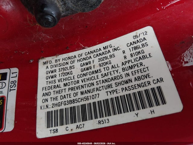 45245849 :رقم المزاد ، 2HGFG3B85CH561077 vin ، 2012 Honda Civic Ex مزاد بيع