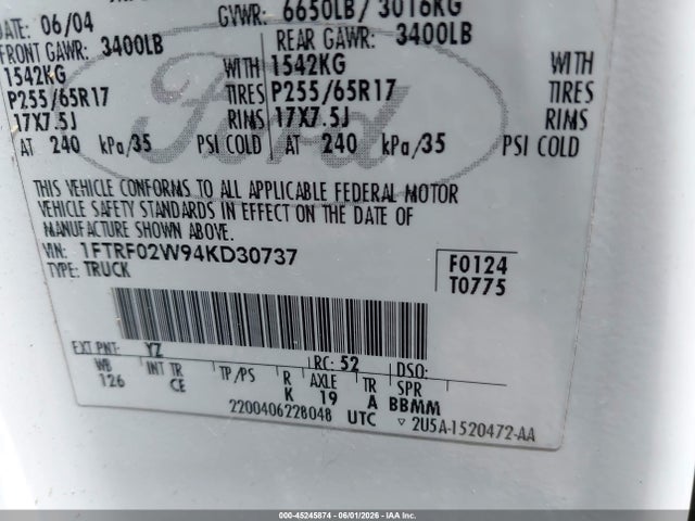 45245874 :رقم المزاد ، 1FTRF02W94KD30737 vin ، 2004 Ford F-150 Stx/xlt مزاد بيع