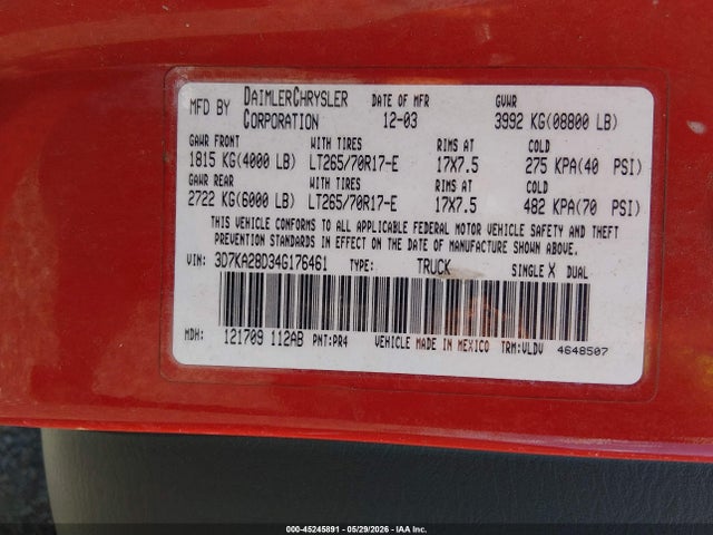 45245891 :رقم المزاد ، 3D7KA28D34G176461 vin ، 2004 Dodge Ram 2500 Slt/laramie مزاد بيع