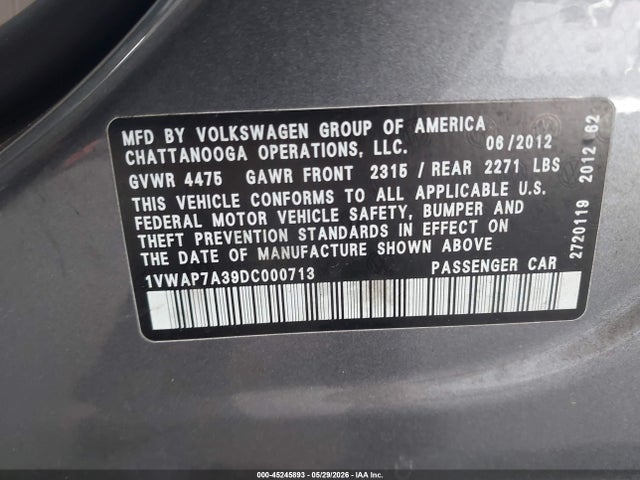 Aukcja sprzedaży 2013 Volkswagen Passat 2.5l S, vin: 1VWAP7A39DC000713, numer aukcji: 45245893
