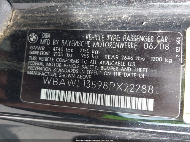 45245900 :رقم المزاد ، WBAWL13598PX22288 vin ، 2008 Bmw 328i مزاد بيع