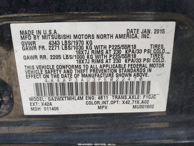 2015 Mitsubishi Outlander Sport Es მანქანა იყიდება აუქციონზე, vin: 4A4AP3AU3FE022470, აუქციონის ნომერი: 45245924