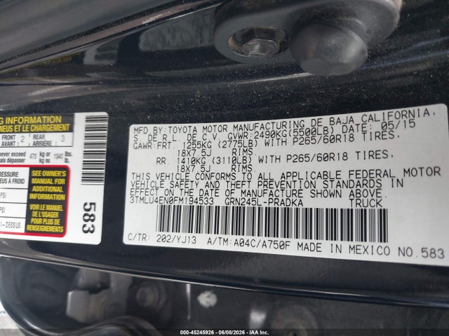 Aukcja sprzedaży 2015 Toyota Tacoma Base V6, vin: 3TMLU4EN0FM194533, numer aukcji: 45245926