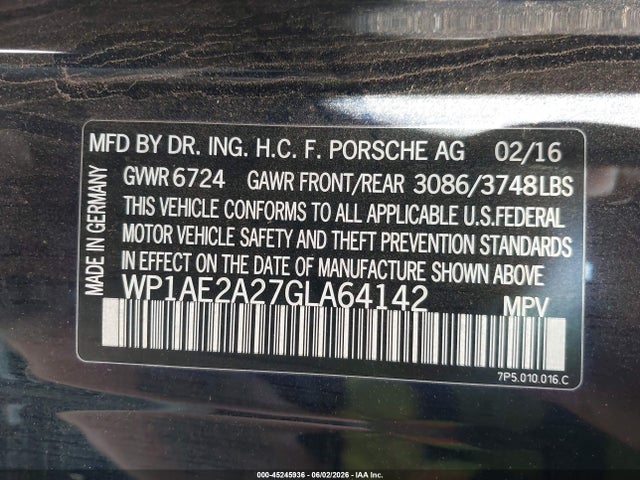 Aukcja sprzedaży 2016 Porsche Cayenne E-hybrid S, vin: WP1AE2A27GLA64142, numer aukcji: 45245936