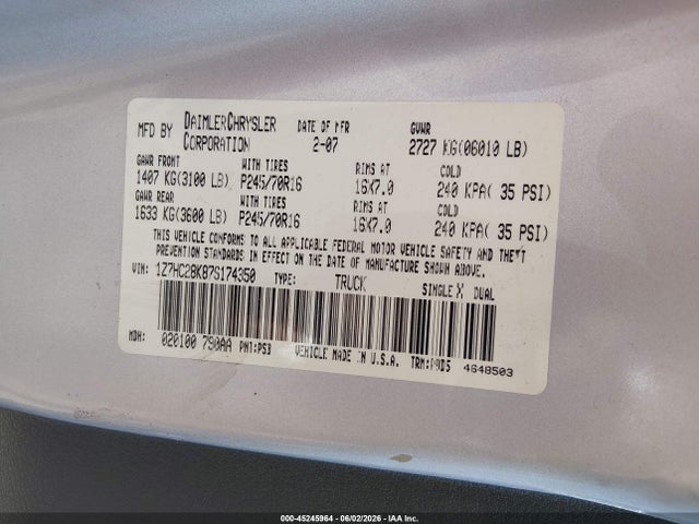 2007 Mitsubishi Raider Ls მანქანა იყიდება აუქციონზე, vin: 1Z7HC28K87S174350, აუქციონის ნომერი: 45245964