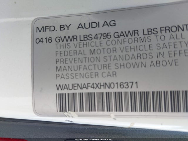 Aukcja sprzedaży 2017 Audi A4 2.0t Premium, vin: WAUENAF4XHN016371, numer aukcji: 45245992