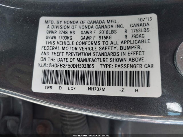45245995 :رقم المزاد ، 2HGFB2F50DH593865 vin ، 2013 Honda Civic Lx مزاد بيع
