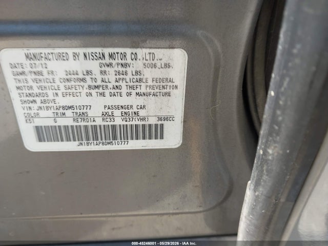 45246001 :رقم المزاد ، JN1BY1AP8DM510777 vin ، 2013 Infiniti M37 مزاد بيع