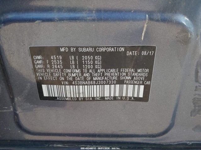 Aukcja sprzedaży 2018 Subaru Legacy 2.5i, vin: 4S3BNAB68J3007330, numer aukcji: 45246010