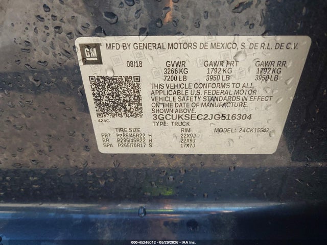 45246012 :رقم المزاد ، 3GCUKSEC2JG516304 vin ، 2018 Chevrolet Silverado 1500 2lz مزاد بيع