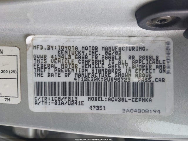 Продаж на аукціоні авто 2002 Toyota Camry Le, vin: 4T1BE32KX2U096723, номер лоту: 45246024