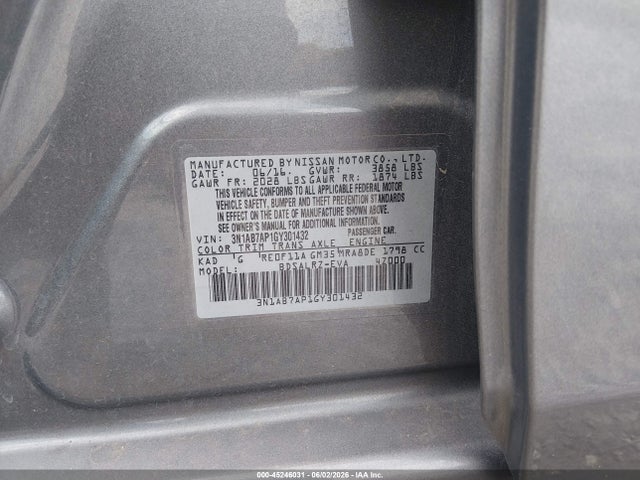 Aukcja sprzedaży 2016 Nissan Sentra Sr, vin: 3N1AB7AP1GY301432, numer aukcji: 45246031