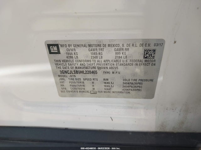 Продаж на аукціоні авто 2017 Chevrolet Trax Lt, vin: 3GNCJLSB9HL228465, номер лоту: 45246035