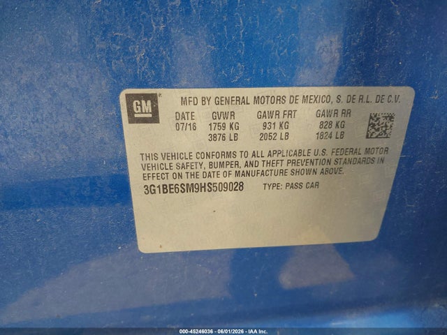 2017 Chevrolet Cruze Lt Auto მანქანა იყიდება აუქციონზე, vin: 3G1BE6SM9HS509028, აუქციონის ნომერი: 45246036