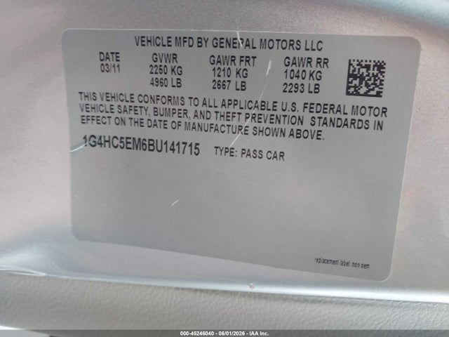 45246040 :رقم المزاد ، 1G4HC5EM6BU141715 vin ، 2011 Buick Lucerne Cxl مزاد بيع