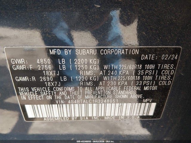 Aukcja sprzedaży 2024 Subaru Outback Onyx Edition, vin: 4S4BTALC1R3248051, numer aukcji: 45246050