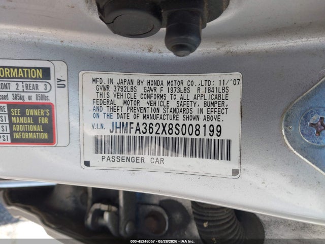 2008 Honda Civic Hybrid მანქანა იყიდება აუქციონზე, vin: JHMFA362X8S008199, აუქციონის ნომერი: 45246057