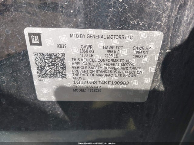 2019 Chevrolet Malibu Rs მანქანა იყიდება აუქციონზე, vin: 1G1ZG5ST4KF190983, აუქციონის ნომერი: 45246069