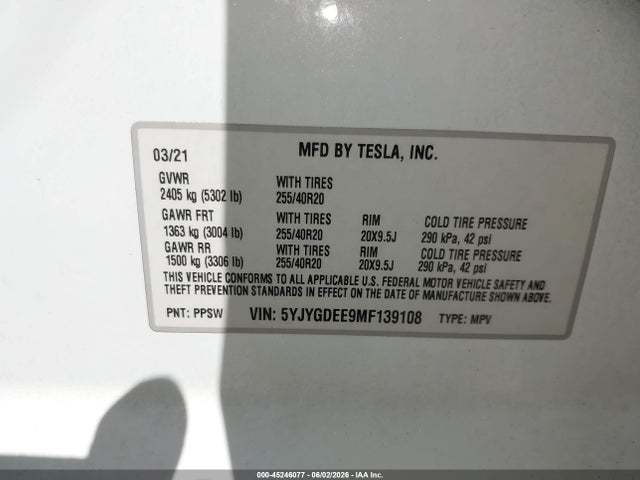 Продажа на аукционе авто 2021 Tesla Model Y Long Range Dual Motor All-wheel Drive, vin: 5YJYGDEE9MF139108, номер лота: 45246077