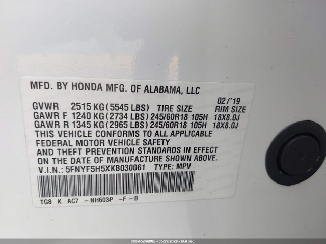 Aukcja sprzedaży 2019 Honda Pilot Ex-l, vin: 5FNYF5H5XKB030061, numer aukcji: 45246085