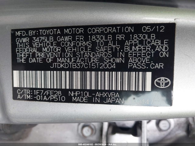 Aukcja sprzedaży 2012 Toyota Prius C One, vin: JTDKDTB37C1512004, numer aukcji: 45246102