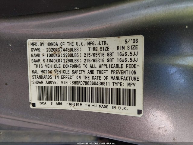 2006 Honda Cr-v Ex მანქანა იყიდება აუქციონზე, vin: SHSRD78836U436911, აუქციონის ნომერი: 45246107