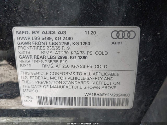 Продаж на аукціоні авто 2021 Audi Q5 Premium Plus 45 Tfsi Quattro S Tronic, vin: WA1BAAFY2M2024488, номер лоту: 45246113
